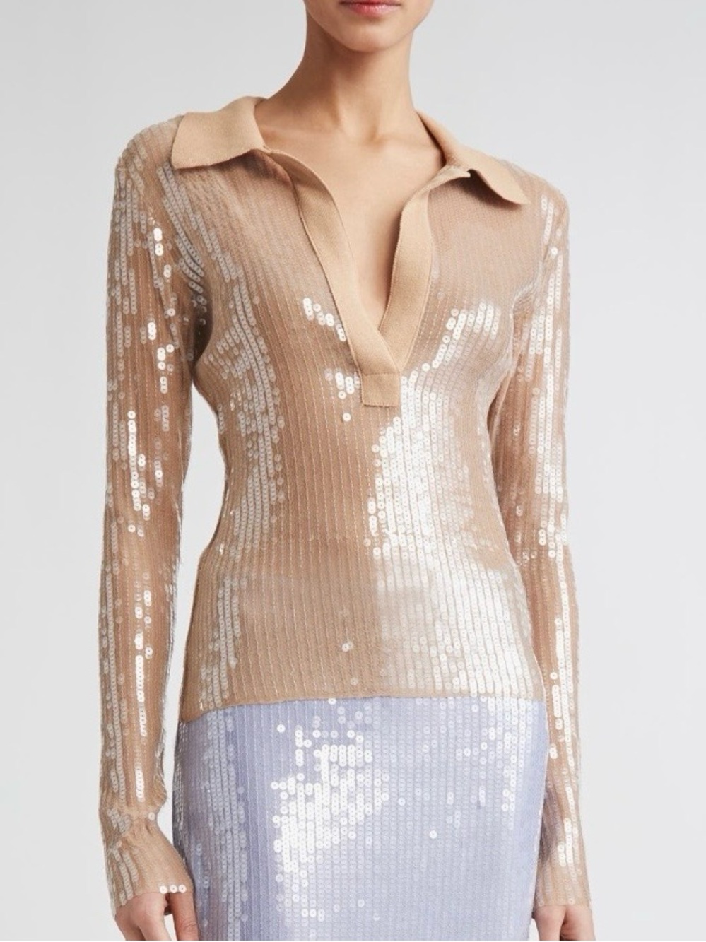 MONSE Mesh Sequin Top Long Sleeve Polo Nude Beige Women’s Size S